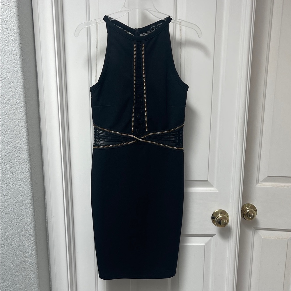 Black Sleeveless Bodycon Dress with Gold Trim